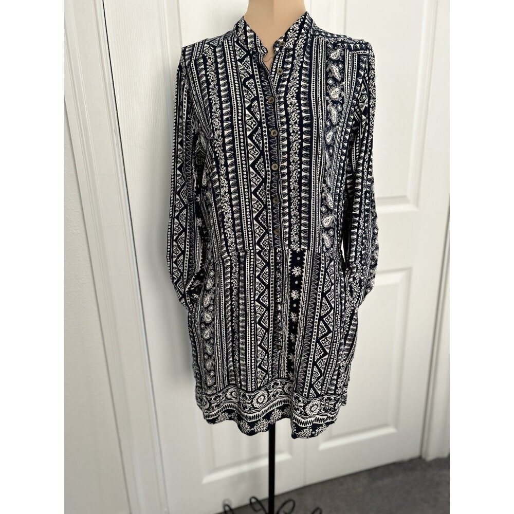 Angie Aztec Print Mini Dress Navy White Button Front Roll Tab Sleeve Size M